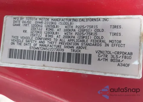 2002 Toyota Tacoma Base V6 из США, поврежденный, VIN 5TEWN72N52Z073039